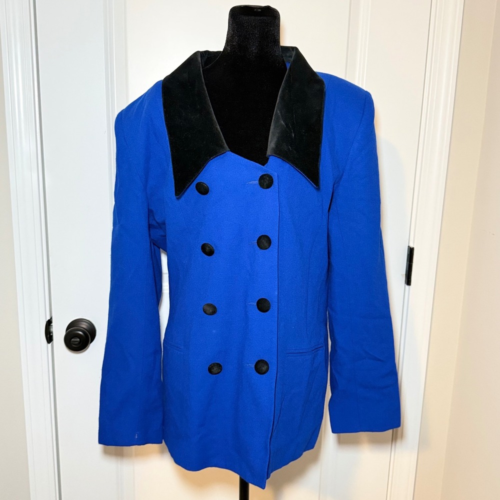 SuitsMe Vintage Royal Blue Wool Blend Double Breasted Blazer Velvet Collar 16T